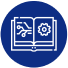 Ícone de um livro com símbolos técnicos, representando conhecimento técnico